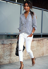 Women Long Sleeve Loose Vertical Striped Shirt Casual OL Work Turn-down Collar Tops Blusas Femininas X0100