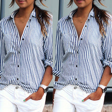 Women Long Sleeve Loose Vertical Striped Shirt Casual OL Work Turn-down Collar Tops Blusas Femininas X0100