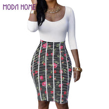 women-dress-scoop-neck-rose-starry-flower-bodycon-dress-crossing-stripes-empire-waist-dashiki-dress-tunique-femme BBL