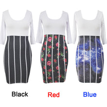 women-dress-scoop-neck-rose-starry-flower-bodycon-dress-crossing-stripes-empire-waist-dashiki-dress-tunique-femme BBL