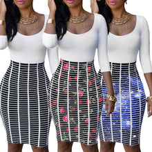 women-dress-scoop-neck-rose-starry-flower-bodycon-dress-crossing-stripes-empire-waist-dashiki-dress-tunique-femme BBL