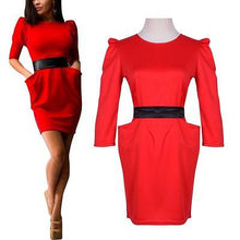 women-formal-dress-half-sleeve-empire-casual-tourism-slim-pockets-mini-blue-red-dresses-with-belt BBL