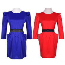 women-formal-dress-half-sleeve-empire-casual-tourism-slim-pockets-mini-blue-red-dresses-with-belt BBL