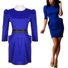 women-formal-dress-half-sleeve-empire-casual-tourism-slim-pockets-mini-blue-red-dresses-with-belt BBL