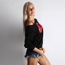 Women Sweatshirts Red Sexy Lips Print Oversized Off The Shoulder Raw Edge Pullovers Long-Sleeved ZX003