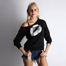 Women Sweatshirts Red Sexy Lips Print Oversized Off The Shoulder Raw Edge Pullovers Long-Sleeved ZX003