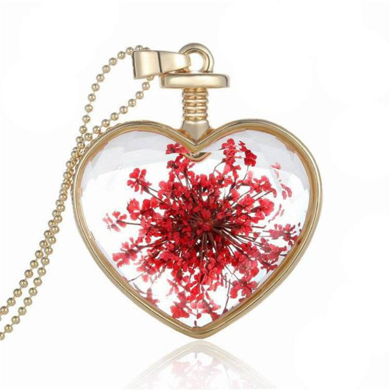 Womenornaments Jewelry Sweet Girls Women Dry Flower Heart Love Glass Wishing Bottle Pendant Necklace Gift