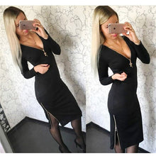 Women's Zipper V-neck Dress Plus Size Casual Solid Straight Long Sleeve Maxi Dresses J6070