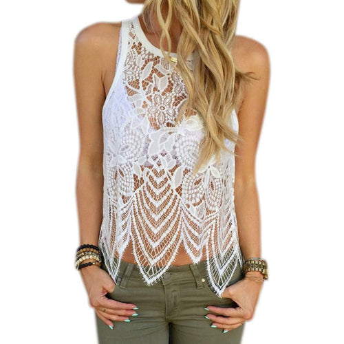 Womens Lace Crop Top Sexy T-shirts Vests Blusas Hollow Out Lace Crochet Tank Top Camisole Lace VCami Floral Tees Shirts
