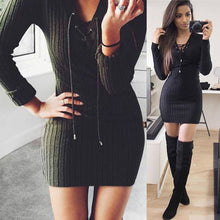 Young Girls' Solid Bandage Dresses Sexy Long Sleeved V Neck Lace Up Bodycon Mini Party Vestidos Strechy Solid Color LX095