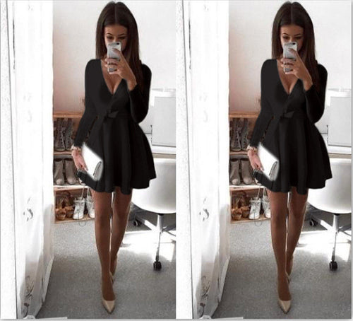 Preppy Style Women Dress Sexy V-Neck Long Sleeve Dresses Robe Sexy Solid Bow Ball Gown Mini Dress Vestidos GV489