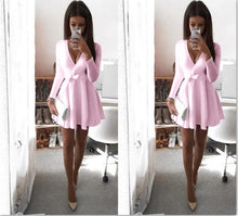 Preppy Style Women Dress Sexy V-Neck Long Sleeve Dresses Robe Sexy Solid Bow Ball Gown Mini Dress Vestidos GV489