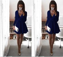 Preppy Style Women Dress Sexy V-Neck Long Sleeve Dresses Robe Sexy Solid Bow Ball Gown Mini Dress Vestidos GV489