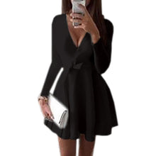 Preppy Style Women Dress Sexy V-Neck Long Sleeve Dresses Robe Sexy Solid Bow Ball Gown Mini Dress Vestidos GV489