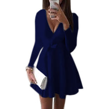 Preppy Style Women Dress Sexy V-Neck Long Sleeve Dresses Robe Sexy Solid Bow Ball Gown Mini Dress Vestidos GV489