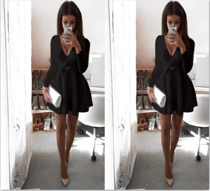 Preppy Style Women Dress Sexy V-Neck Long Sleeve Dresses Robe Sexy Solid Bow Ball Gown Mini Dress Vestidos GV489