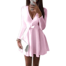 Preppy Style Women Dress Sexy V-Neck Long Sleeve Dresses Robe Sexy Solid Bow Ball Gown Mini Dress Vestidos GV489