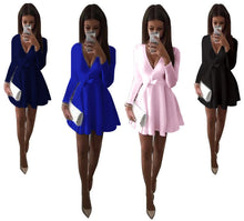 Preppy Style Women Dress Sexy V-Neck Long Sleeve Dresses Robe Sexy Solid Bow Ball Gown Mini Dress Vestidos GV489