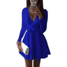 Preppy Style Women Dress Sexy V-Neck Long Sleeve Dresses Robe Sexy Solid Bow Ball Gown Mini Dress Vestidos GV489