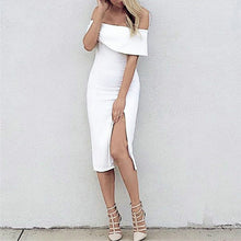 Sexy Off Shoulder Slash Rullfed Dress Women Split Hem Bodycon Dress Casual Solid Package Hip Dress Vestidos X0363