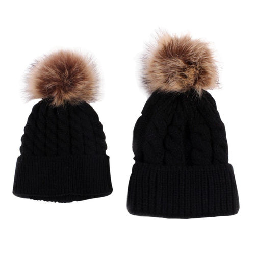 2pcss-baby-mother-knitted-cotton-hat-family-boy-girl-toddler-adult-cute-crochet-beanies-fur-ball-kids-hats-for-caps BBL