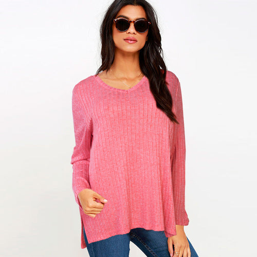4 Colors Women Sexy Loose Sweaters Casual Knitted Top Bottoming Shirts Long Sleeve V-neck Side Split Knitwear M0601