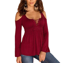 5XL Bottoming Tops Sexy Lace Up Cold Shoulder Long Sleeved Oversized Shirts Blusas For Women Ladies LX041