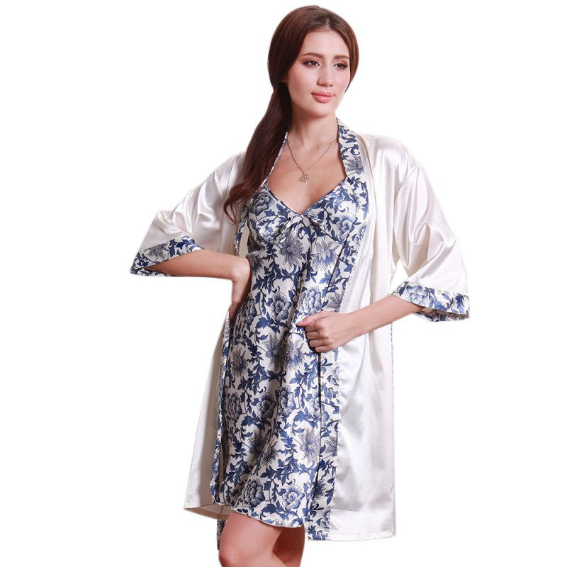 new-womens-silk-like-sleepwear-robe-creative-blue-and-white-dress-porcelains-ropa-dormir-pajamas-robe-set-y04 BBL