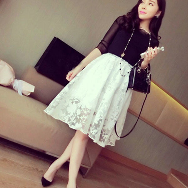 new-elegant-ladies-lace-flower-print-skirt-women-double-layer-skirts-elastic-waist-skirt BBL