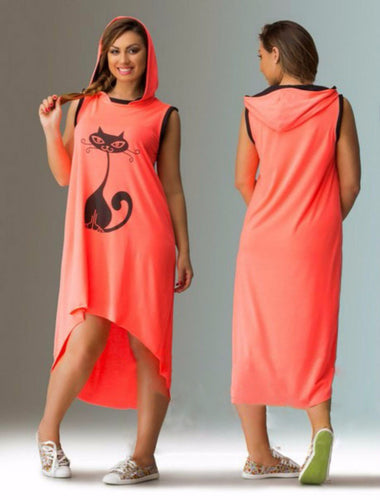 6XL Dress Women Hooded Slim Irregular Sport Dress Big Size Casual Cat Printing Dresses Vestidos Candy Colors M0433