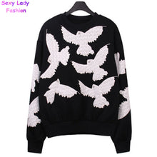 Appliques Embroidery Lace Pigeon Pullovers Sweatshirt Women Diamond Bird eye Long Sleeve O neck Hoodies Sweats Jumpers Femme