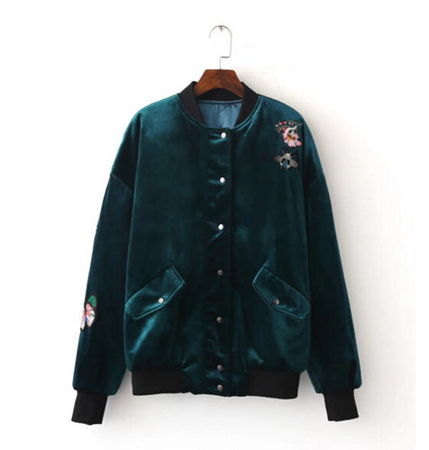 Appliques Flower Butterfly Embroidery Velvet Thin Padad Pilots Jacket Woman Velour Loose Bomber Jacket Coat Outerwear