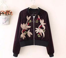 Appliques Flower Embroidery Velvet Jacket Woman Stand collar Velour Loose Bomber Jacket Coat Pilots Outerwear Dark purple