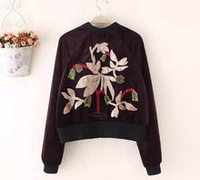 Appliques Flower Embroidery Velvet Jacket Woman Stand collar Velour Loose Bomber Jacket Coat Pilots Outerwear Dark purple