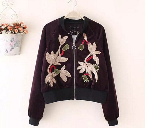 Appliques Flower Embroidery Velvet Jacket Woman Stand collar Velour Loose Bomber Jacket Coat Pilots Outerwear Dark purple