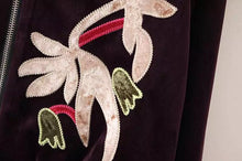 Appliques Flower Embroidery Velvet Jacket Woman Stand collar Velour Loose Bomber Jacket Coat Pilots Outerwear Dark purple