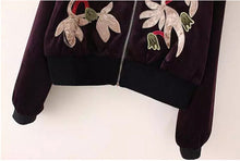 Appliques Flower Embroidery Velvet Jacket Woman Stand collar Velour Loose Bomber Jacket Coat Pilots Outerwear Dark purple