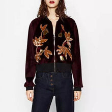 Appliques Flower Embroidery Velvet Jacket Woman Stand collar Velour Loose Bomber Jacket Coat Pilots Outerwear Dark purple