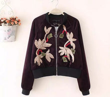 Appliques Flower Embroidery Velvet Jacket Woman Stand collar Velour Loose Bomber Jacket Coat Pilots Outerwear Dark purple