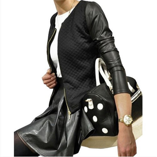 Black White PU Leather Sleeve Jacket Women Slim Jacket Coat Women Chaquetas Mujer Zipper Casaco Feminino XL