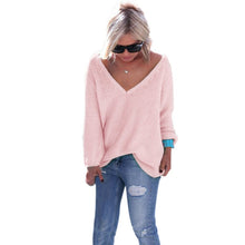 Casual Loose Knitwear Pull Femme Sexy Deep V Long Sleeve Knitted Sweater Solid Jumper Top Pullover Women 6 Colors XL
