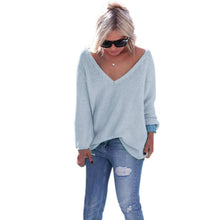 Casual Loose Knitwear Pull Femme Sexy Deep V Long Sleeve Knitted Sweater Solid Jumper Top Pullover Women 6 Colors XL