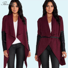 Leather Sleeve Irregular Wool Coat Long Sleeve Oversized Caidigan Coat With Belt Women's Overcoat