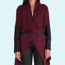 Leather Sleeve Irregular Wool Coat Long Sleeve Oversized Caidigan Coat With Belt Women's Overcoat