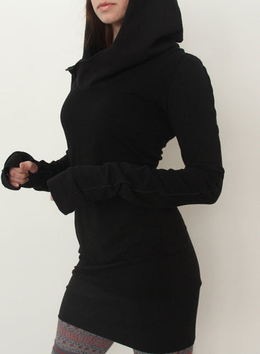 Women Long Sleeve Solid Black Slim Mini Dress Casual Street Hooded Dresses Bodycon Vestidos Sportwear Q0114