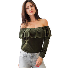 Sexy Off Shoulder Shirts Women Slim Slash Neck Ruffle Top Solid Color Long Sleeve T Shirt For Women Tops Tees
