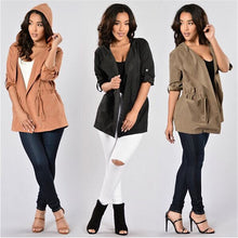 Turn Down Collar Casual Women Trench Adjustable Waist Slim Trench Coat With Hood Long Sleeve Leisure Coat XXL