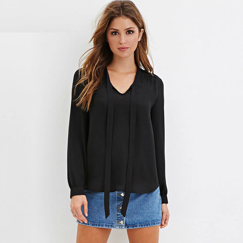 Women Tie Up Blouses V Neck Black Chiffon Blouse Long Sleeve Shirt Tops For Office Ladies LX212