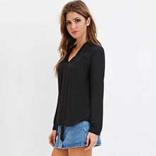 Women Tie Up Blouses V Neck Black Chiffon Blouse Long Sleeve Shirt Tops For Office Ladies LX212