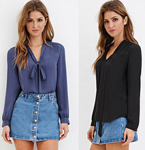 Women Tie Up Blouses V Neck Black Chiffon Blouse Long Sleeve Shirt Tops For Office Ladies LX212